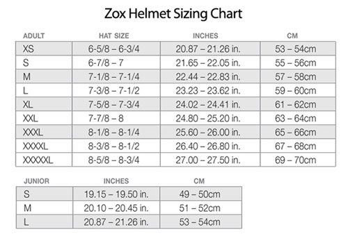 Zox Youth Helmet Size Chart